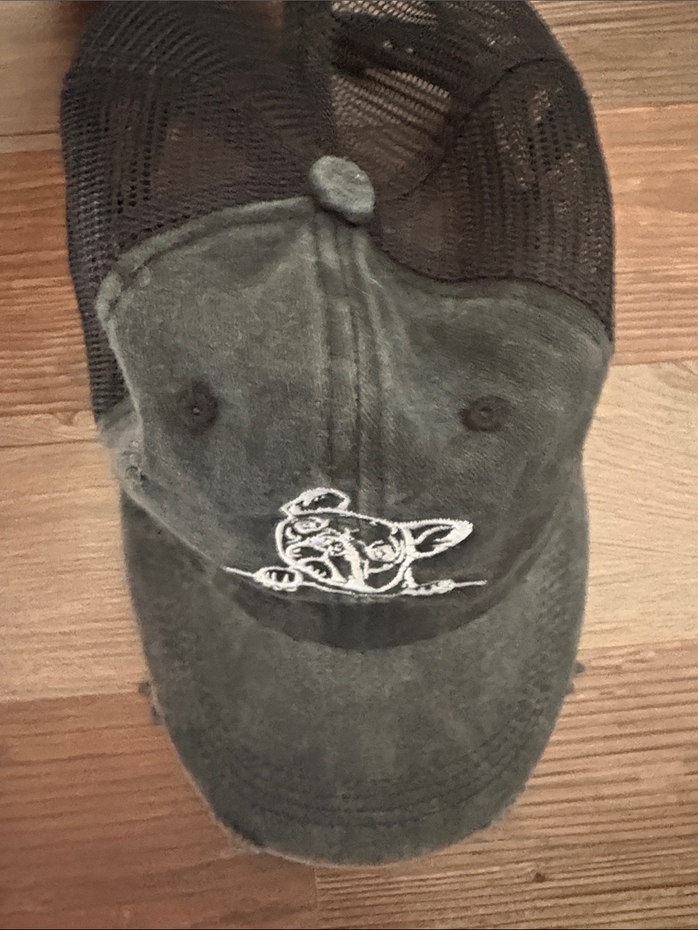 Black Washed Trucker Hat with White French Bulldog Embroidery - Picture 3 of 5